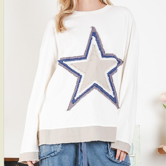Blue Velvet “ Shelly “ Blue Velvet Star Patch Linen Top SR7 - Picture 1 of 5